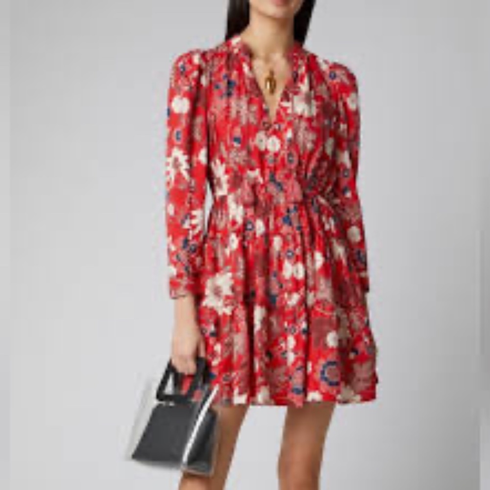 Ulla Johnson Red Liv Floral Mini Dress Size 8 Long Sleeves Cotton Blend Boho - Picture 2 of 16